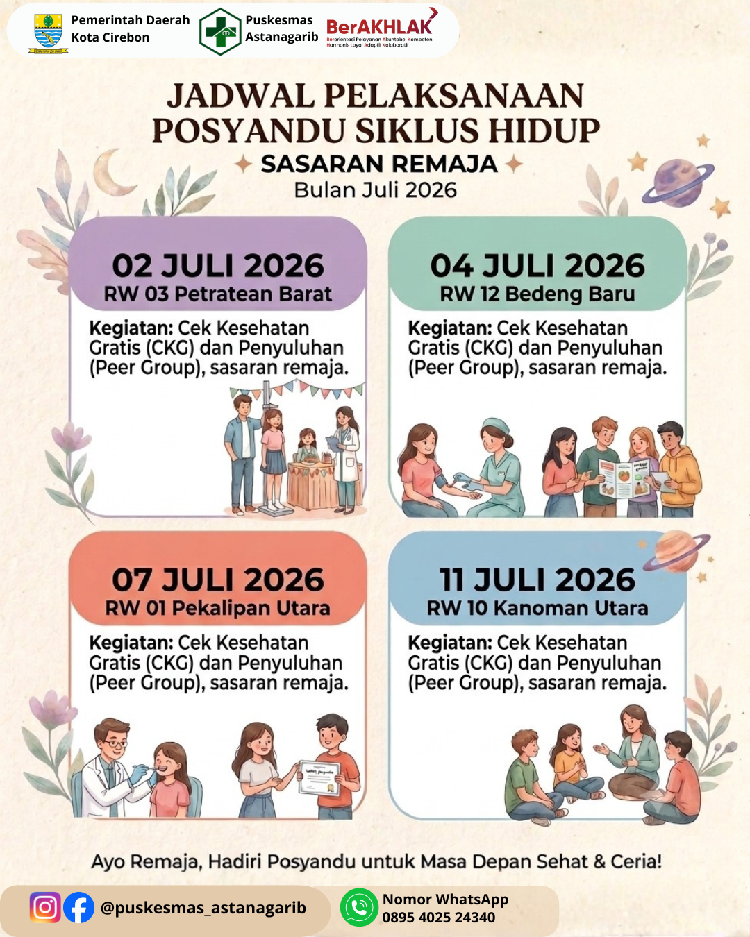 Jadwal Pelaksanaan Posyandu Siklus Hidup Sasaran Remaja
Bulan Juli 2026
