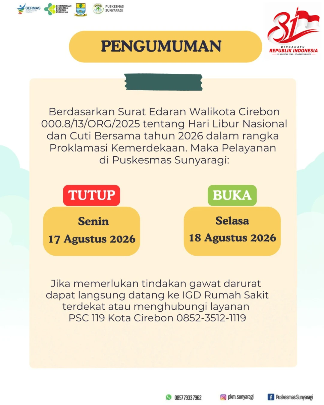 PENGUMUMAN LIBUR PELAYANAN